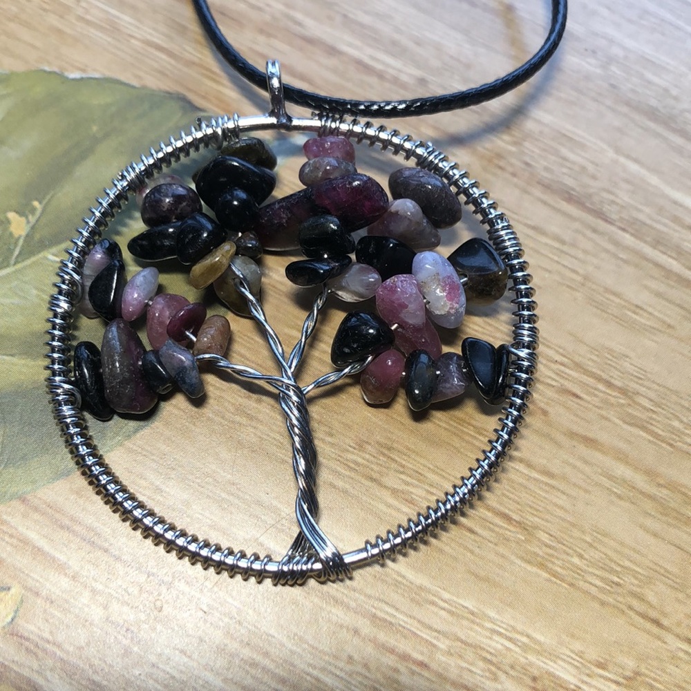 Tree of Life Gemstone Pendant rhodonite chip gemstone necklace - Picture 2 of 5